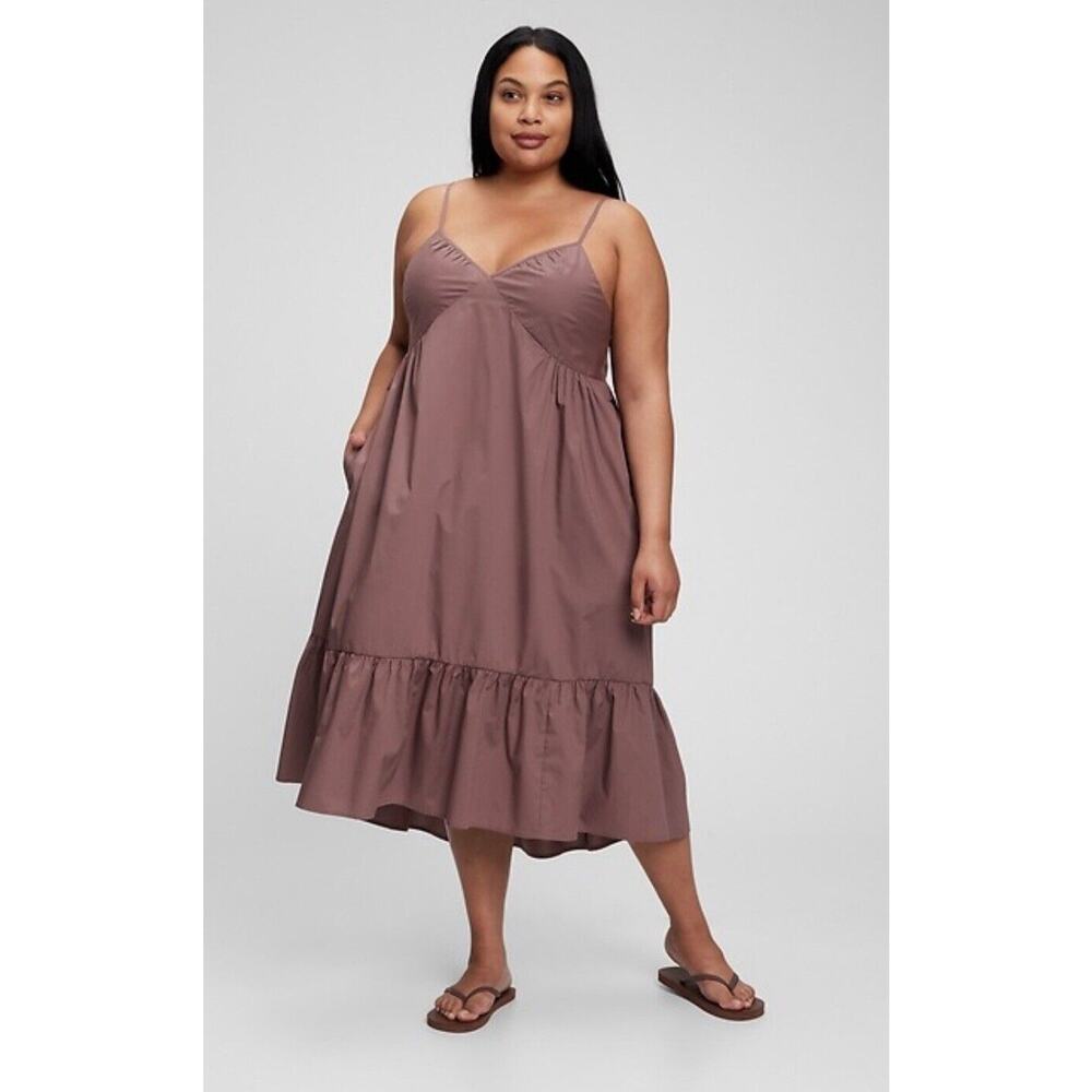 Gap LP Petite Deep V Midi Cami Dress Babydoll Sleeveless Smocked Brown NWOT